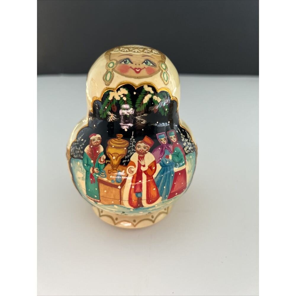 Matryoshka Russian Nesting Doll Set of 5 signed Cepzueb Nocag Winter Scene Ivory